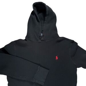 Polo Ralph Lauren Mens Black Waffle Knit Hoodie Red Pony Logo Size Small